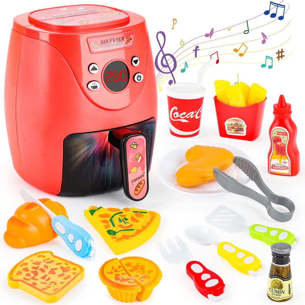 Air Fryer Pretend Role Play Toy with Kitchen Accessories with Realistic Light Sound & Play Food Kitchen Educational Toy Set for Kids