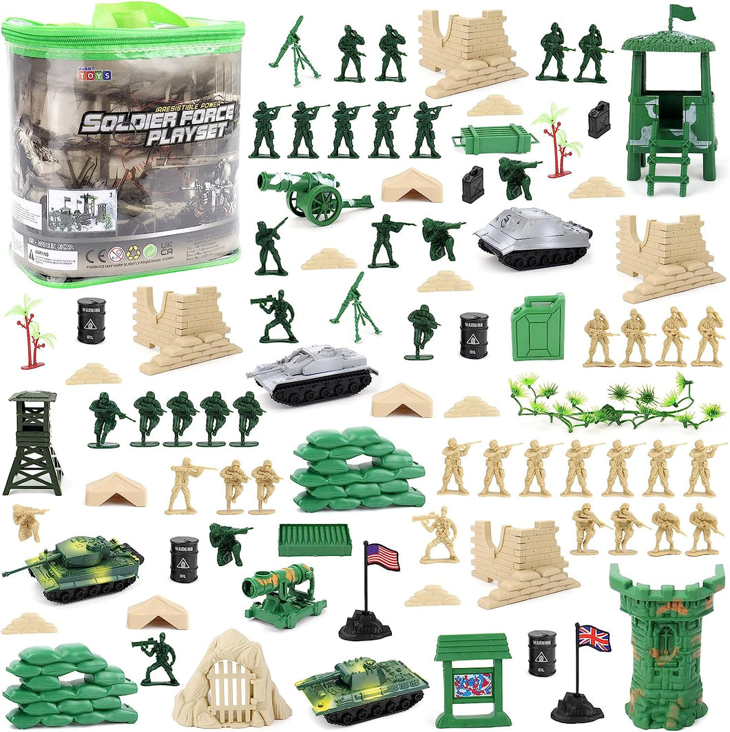 100 Piece Military Play Set with Toy Soldiers Military Figures Tanks Planes Flags Carry Case and Battlefield Accessories Kids Christmas Gift-AM2