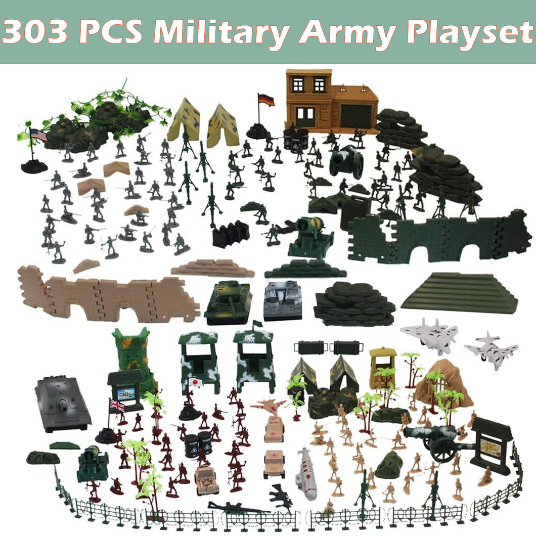 303 Pcs Military Playset w/Toy Soldiers Military Figures Tanks Planes Flags Carry Case Battlefield Accessories Great Birthday Christmas Gift-AM3.