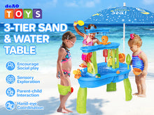 Load image into Gallery viewer, 3-Tier Sand and Water Table with Umbrella &amp; Beach Toys  Outdoor Sand Water Play Table for Kids Summer Backyard Toy with Water Wheel, Buckets, and Accessories, Ideal for Boys &amp; Girls
