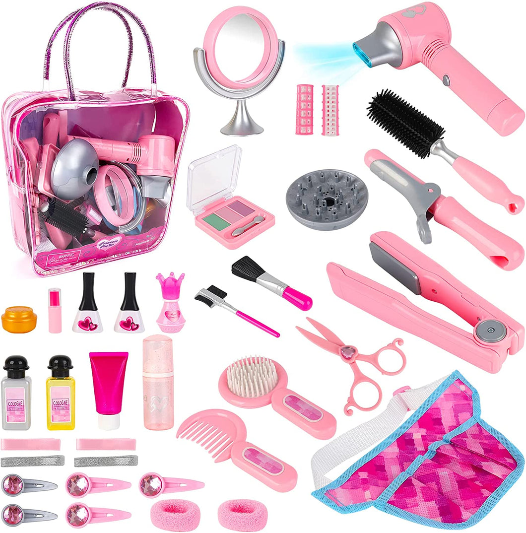 Pretend Makeup Set Hairdressing & Makeup Toy Set Barber Shop And Beauty Role Playset with Portable Bag Package Perfect Gift for Kids-BBC-PHD