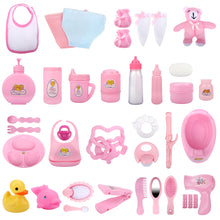 Load image into Gallery viewer, 28 Piece Baby Doll Accessories Bag Baby Feeding Accessories Clothes Doll Bear Bath Toys Soother Dummy Great Nurturing Pretend Toy for Kids
