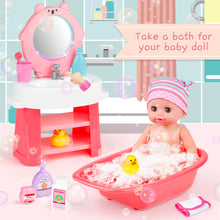 Load image into Gallery viewer, 24 Pcs Baby Doll Playset with Bath and Feeding Accessories Play includes a baby bathtub, toilet with light and sound, bathroom vanity with mirror Doll Toys for Kids
