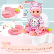 Load image into Gallery viewer, 24 Pcs Baby Doll Playset with Bath and Feeding Accessories Play includes a baby bathtub, toilet with light and sound, bathroom vanity with mirror Doll Toys for Kids
