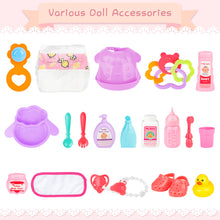 Load image into Gallery viewer, 24 Pcs Baby Doll Playset with Bath and Feeding Accessories Play includes a baby bathtub, toilet with light and sound, bathroom vanity with mirror Doll Toys for Kids
