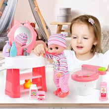 Load image into Gallery viewer, 24 Pcs Baby Doll Playset with Bath and Feeding Accessories Play includes a baby bathtub, toilet with light and sound, bathroom vanity with mirror Doll Toys for Kids
