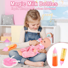 Load image into Gallery viewer, 17 PCS New Born Baby Doll Care Accessories Set (Doll Not Included)  Includes doll clothes,  shoes,  lace headband,  milk bottle,  juice bottle,  pacifiers,  diapers,  bib,  plate,  spoon,  fork,  rattles,  storage bag
