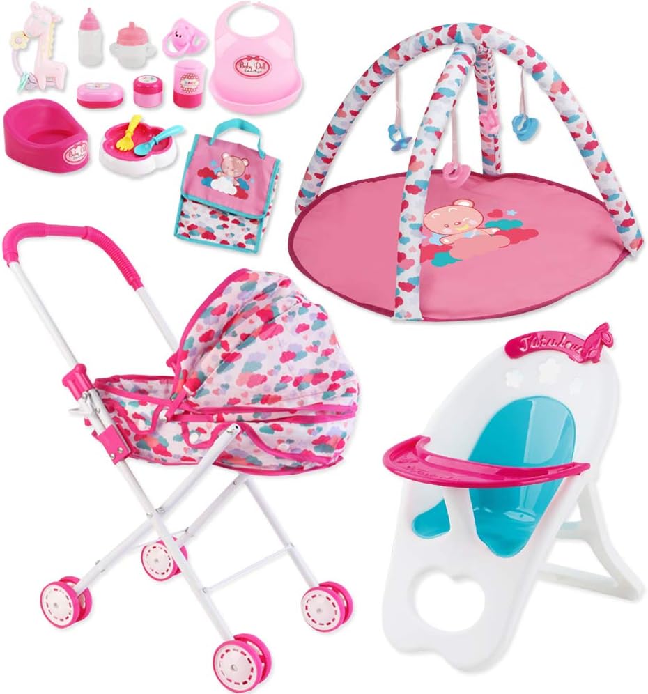 Kids Deluxe 4-in-1 Baby Doll Pretend Role Play Set with Pram, High Chair, Play Mat, Accessories Bag and Nursery Accessories - 16 Piece Toy Kit for Dolls up to 12 Inches (Doll Not Included)