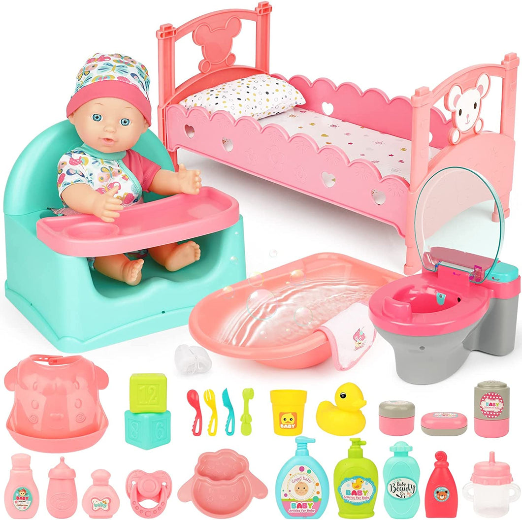 28 Pcs Baby Doll Bath Set with Doll Miniature Doll Cot Function Toilet Bathtub & Chair Feeding Accessories Bathing  Accessories for Kids
