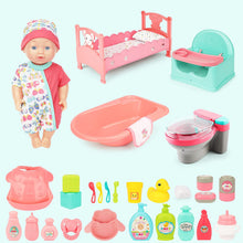 Load image into Gallery viewer, 28 Pcs Baby Doll Bath Set with Doll Miniature Doll Cot Function Toilet Bathtub &amp; Chair Feeding Accessories Bathing  Accessories for Kids

