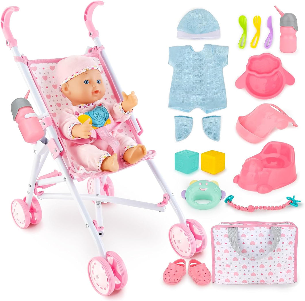 My First Baby Doll Play Set with Stroller Baby Doll Pushchair with Accessories Pretend Play Baby Dolls for Girls Children Dolly Pram Toy-BD-S24