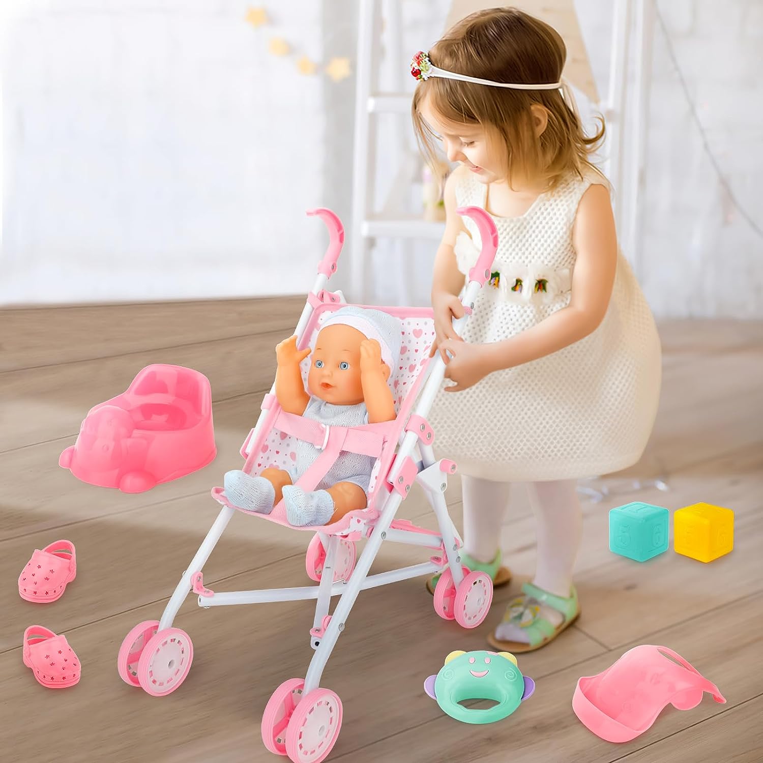 My First Baby Doll Play Set with Stroller Baby Doll Pushchair with Acc deaotoys