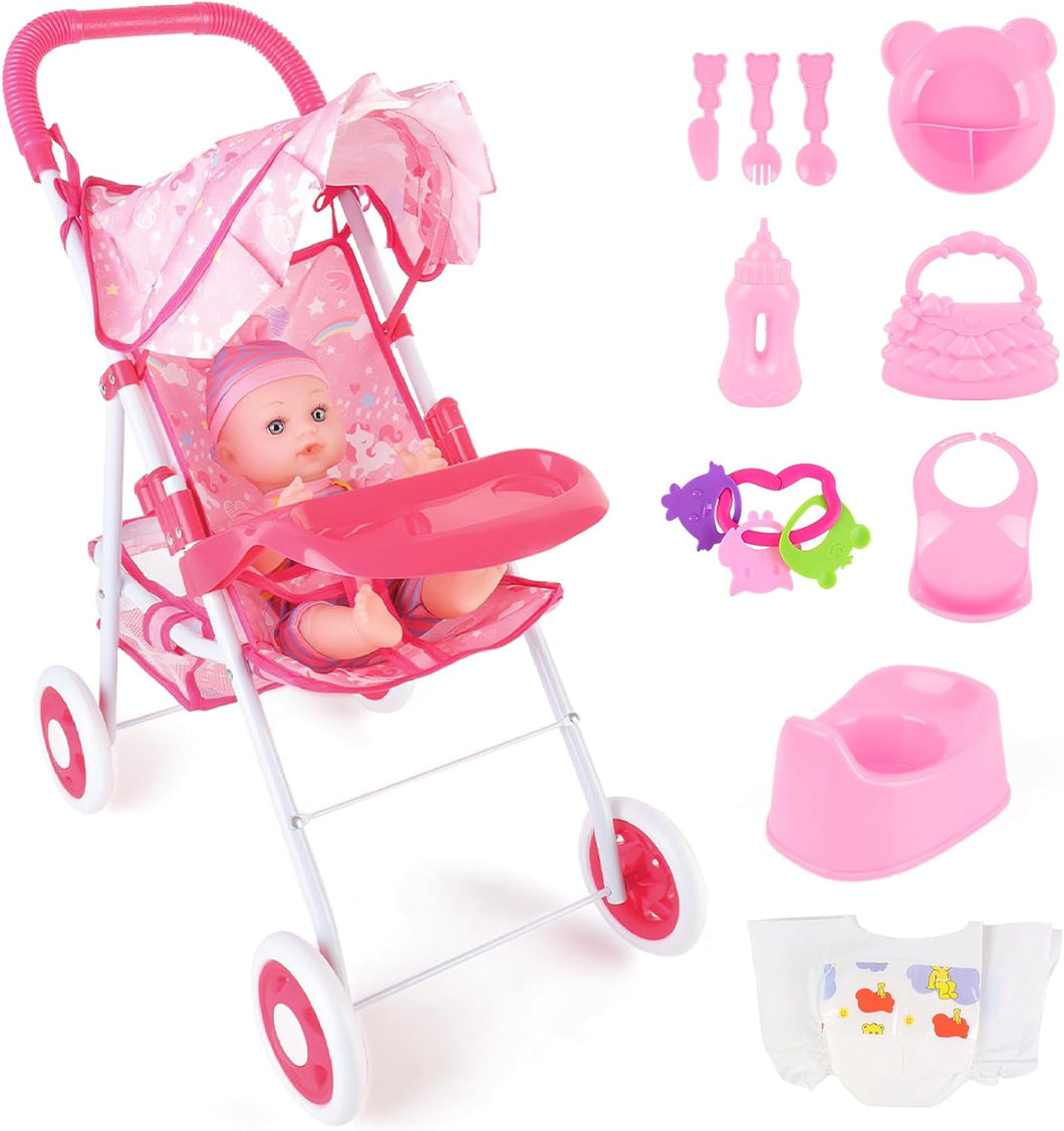 Multi-functional Foldable Doll Stroller Set with sunshade for 12