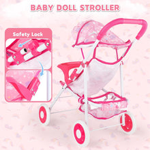 Load image into Gallery viewer, Multi-functional Foldable Doll Stroller Set with sunshade for 12&quot; Doll Play Set with Doll Clothes, Toilet, Dining Plate, Diaper, and Bib for girls and toddlers 3+ years old
