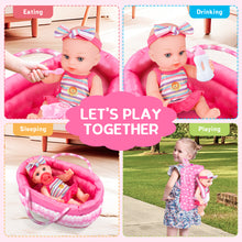 Load image into Gallery viewer, Baby Doll Bassinet Bed Backpack Playset includes a realistic baby doll, doll bassinet, backpack, handbag, doll clothes, feeding plate, toy bell and more for 3 4 5 6+ Year Old Kids Girls
