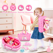 Load image into Gallery viewer, Baby Doll Bassinet Bed Backpack Playset includes a realistic baby doll, doll bassinet, backpack, handbag, doll clothes, feeding plate, toy bell and more for 3 4 5 6+ Year Old Kids Girls

