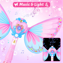 Load image into Gallery viewer, Musical Light Up Butterfly Fairy Stick Bubble Machine Toy Magic Bubble Wand Indoor Outdoor Activities Bubbles Maker Gift for Kids
