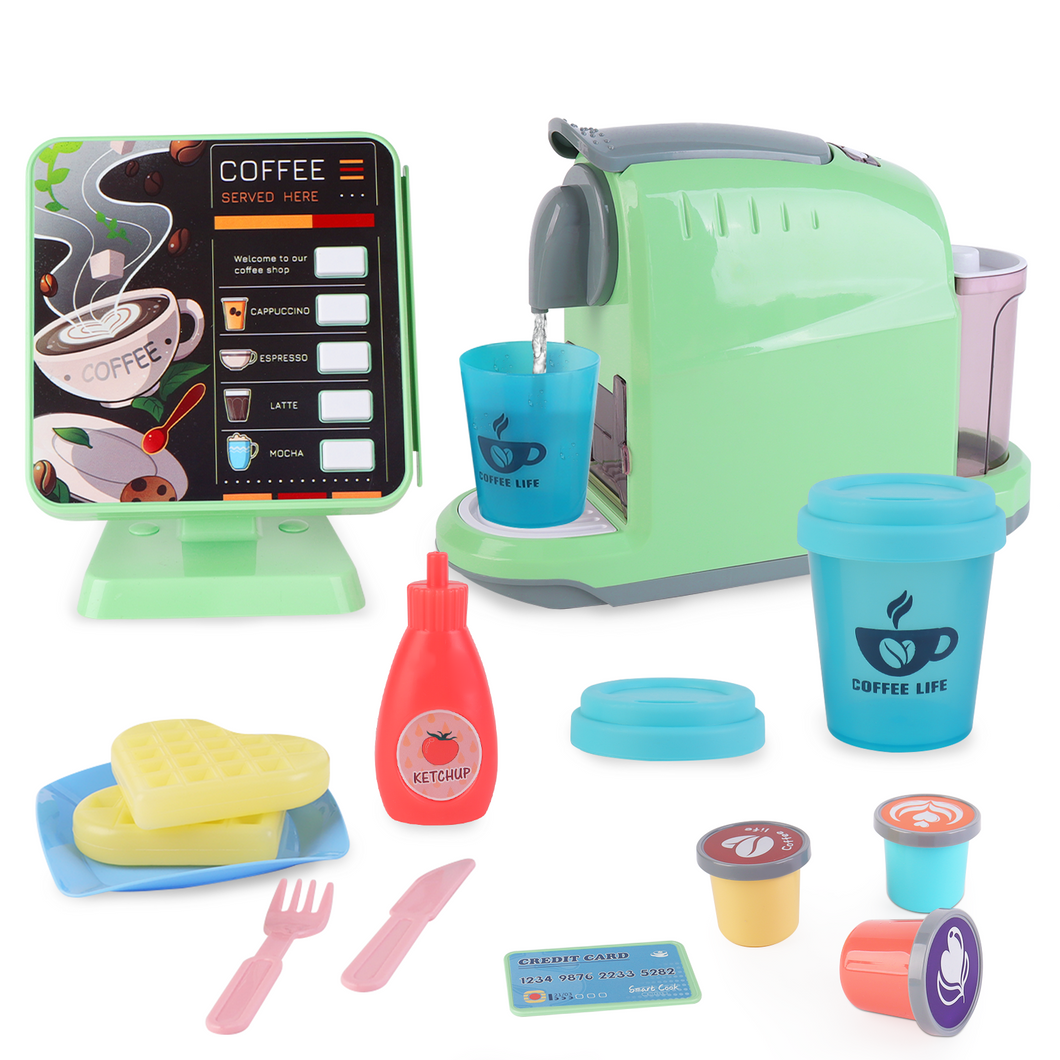 Coffee Shop Set with Coffee Maker Toy Menus Cash Register Toy Play Food Gift for Toddlers Boys Girls Aged 3+