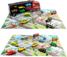 Load image into Gallery viewer, Transporter Truck Carrycase for Cars Play Set Carrier Including a Total of 12 Assorted Vehicles, Accessories and Play Map
