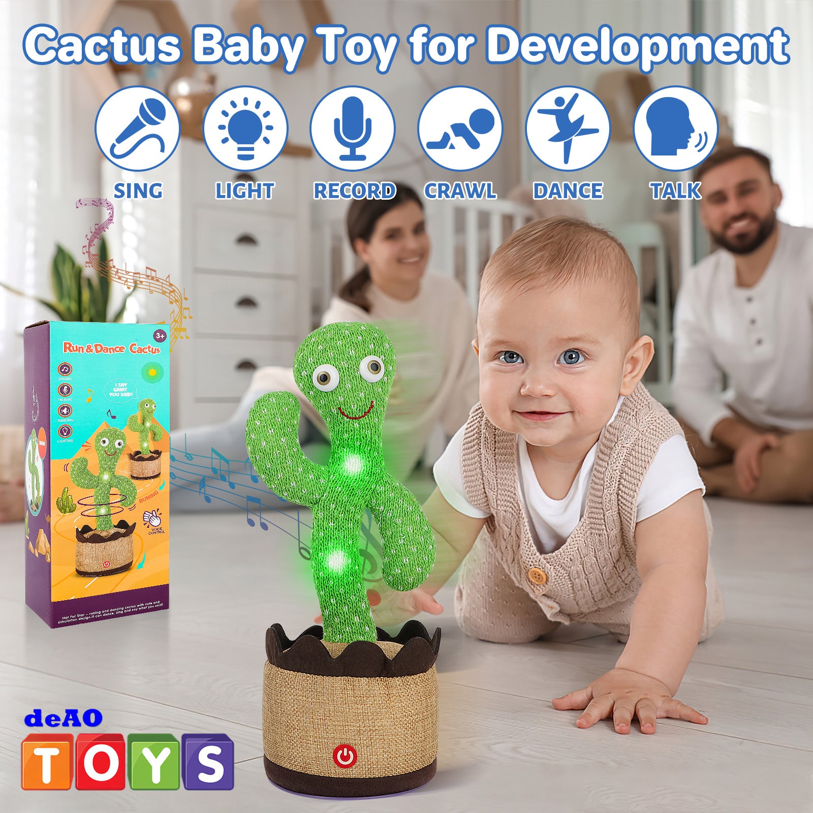 Cactus Danseur Et Répéteur – Jouet Parlant Avec 10 Chansons – Volume Réglable – Enregistrement 15s – LED – Cadeau éducatif 3 Ans+
