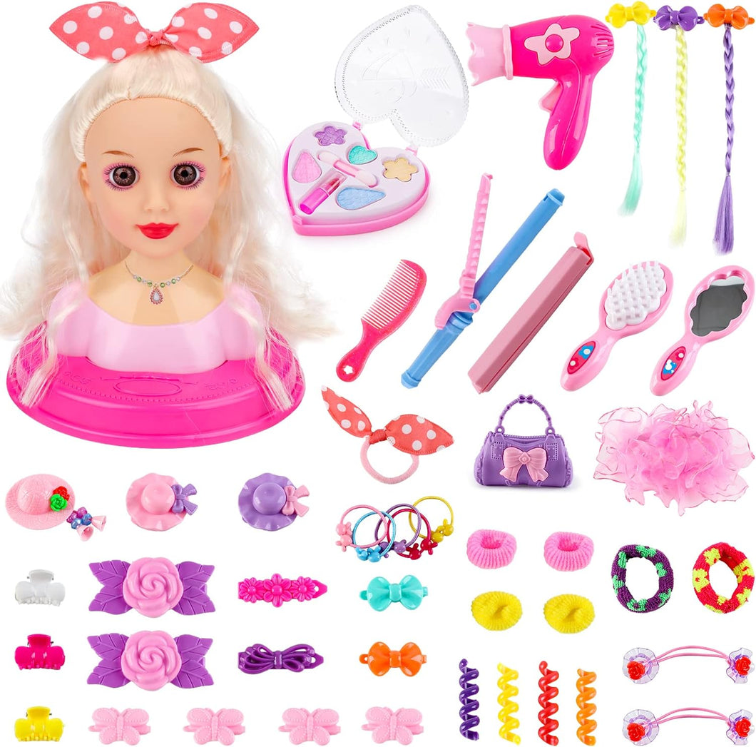 Kids Hairdressing Makeup Doll Head Makeup Doll Styling Head Toy with Hair Styling Accessories Head Doll Styling Great Gift for Girls-DD-PB