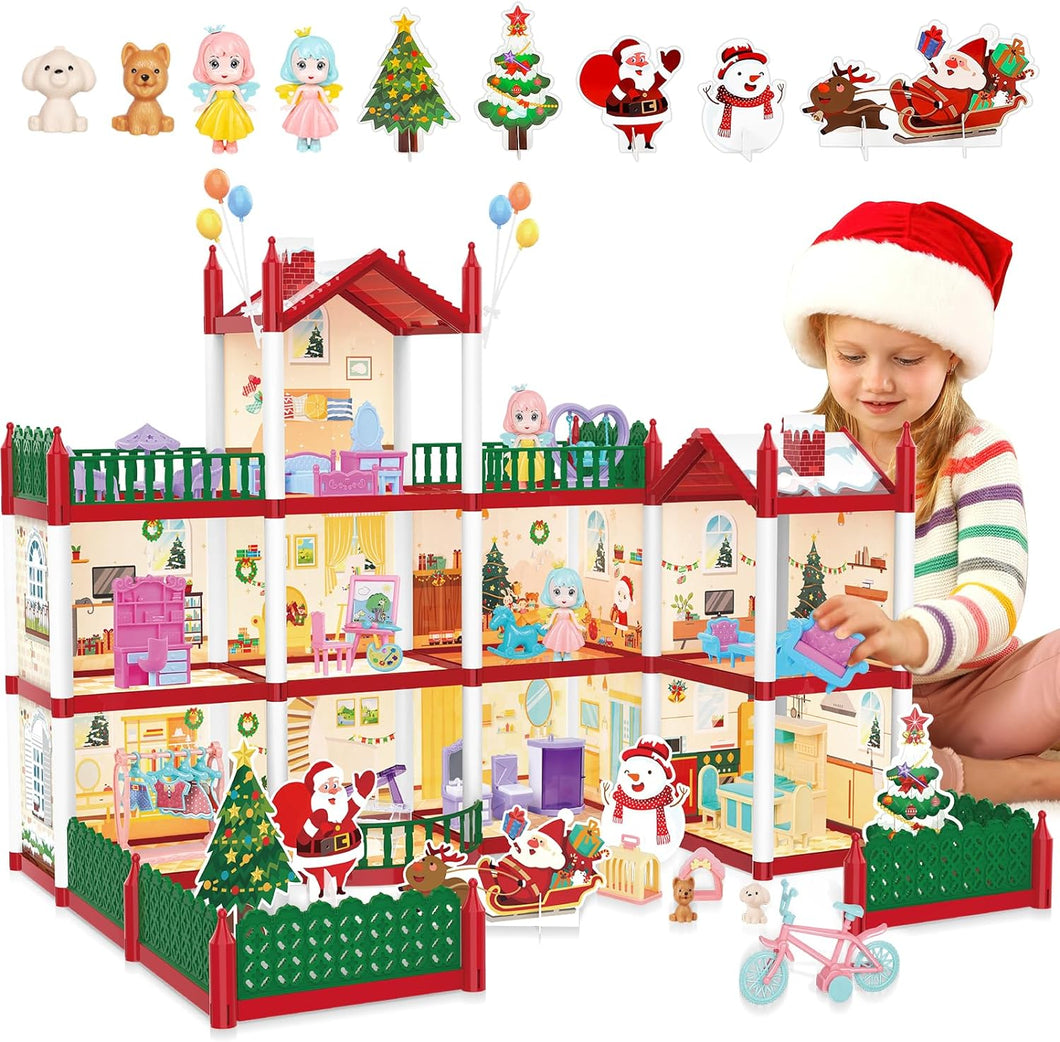 Christmas Doll House Playset, Dream House Pretend Doll House with Accessories Dolls House Garden Princess HouseBirthday Gifts (Two Floors)-DH-13