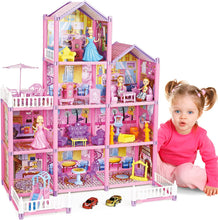 Load image into Gallery viewer, Princess My first Dolls House Kids Pink Grand Four Story Castle Dolls House Playset With Furniture Outdoor Space Open Sided For Girls
