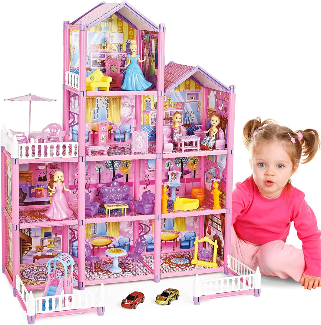 Princess My first Dolls House Kids Pink Grand Four Story Castle Dolls House Playset With Furniture Outdoor Space Open Sided For Girls