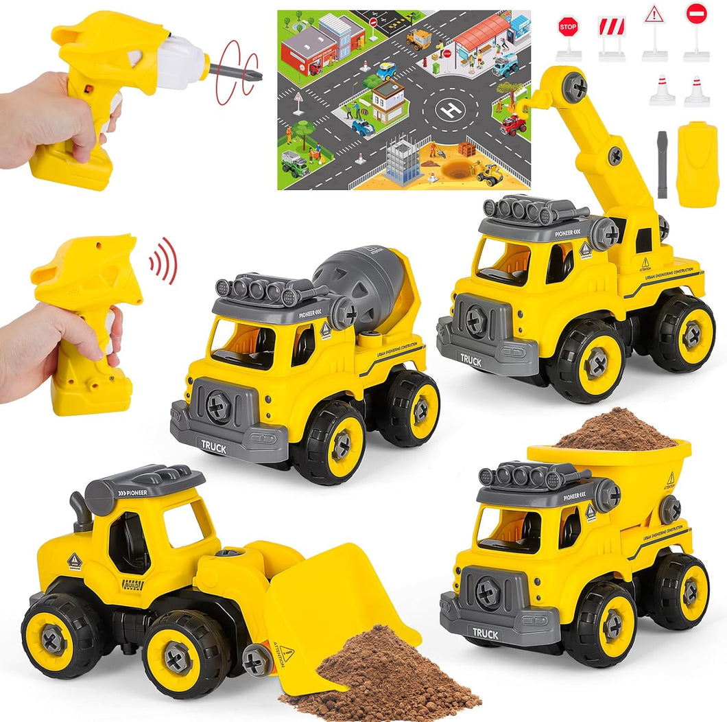 4 Toy Cars Take Apart Construction Truck Toy with Drill and Remote Control Play Vehicle Toy Tractors Set for Toddlers