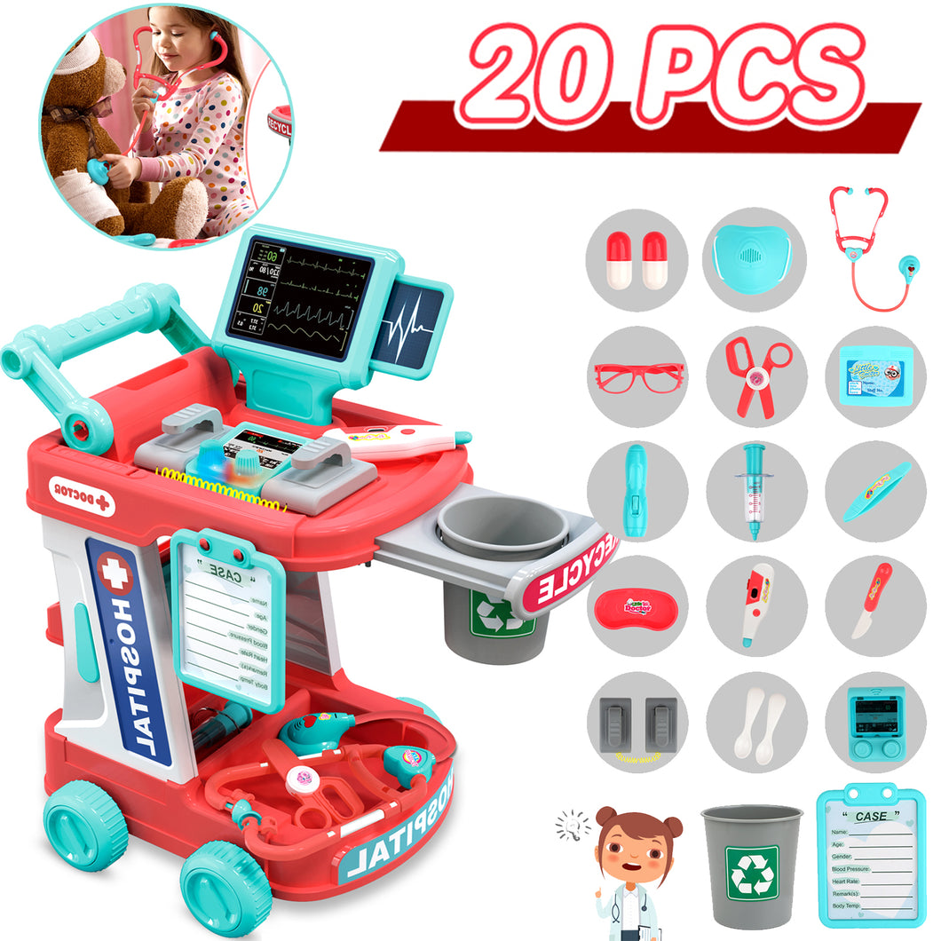 20 PCS Educational Pretend Medical Station Set Doctor Kit for Kids Portable Role Play Set with Deluxe Accessories Prefect Gift -Pink-DOC-P