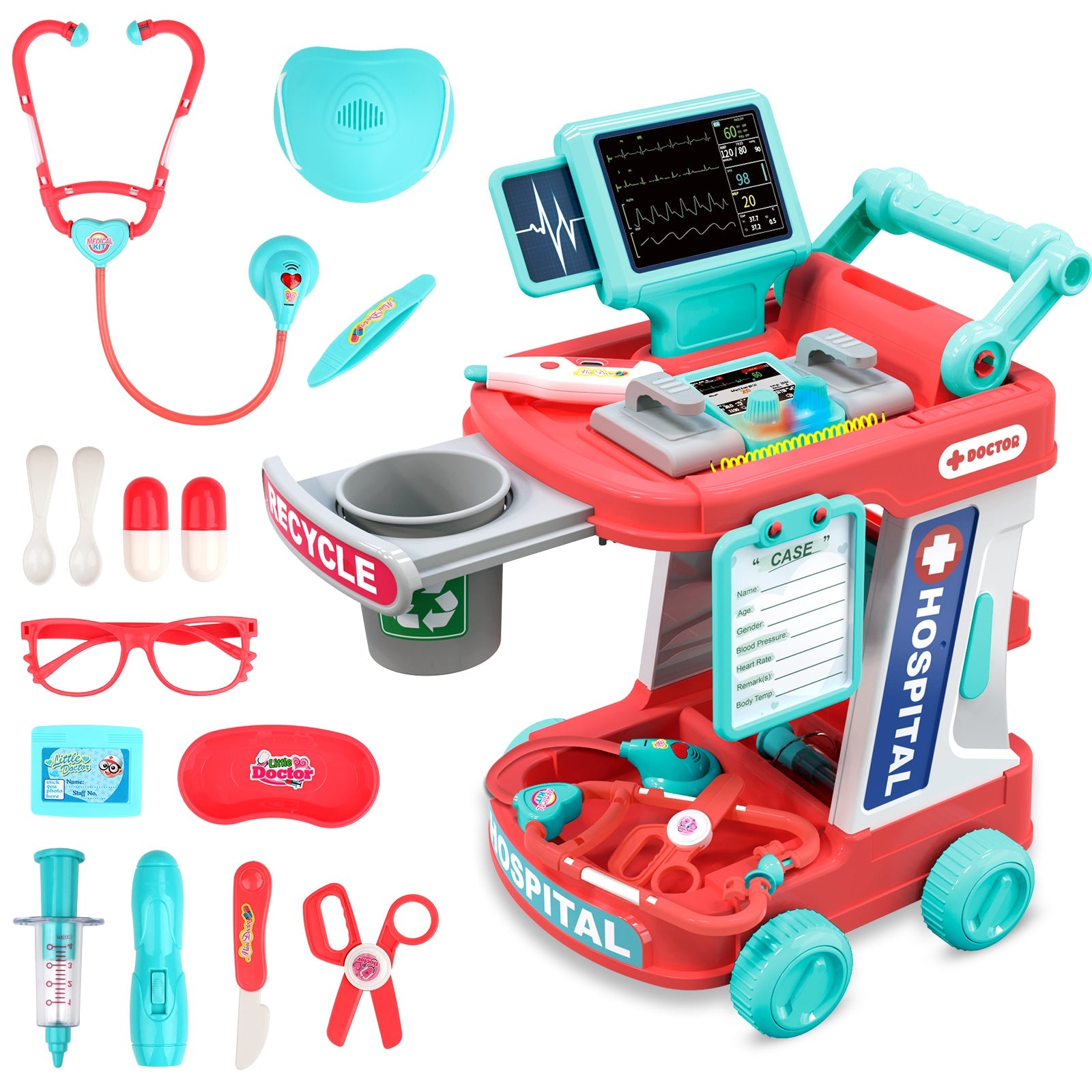 Serena & Jewel Kids Set 26 Accessoires feint Medical Station Set Chariot Mobile avec Lampe, thermomètre, stéthoscope, Jeux de rôle pour Les garçons et Les Filles Jouets éducatifs (26 PCS