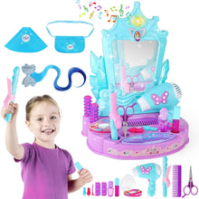 Load image into Gallery viewer, Princess Toy Vanity with Lights and Sounds Pretend Play Beauty Salon Makeup Kits Gift for Toddler 3+
