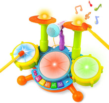 Load image into Gallery viewer, Beginners Musical Table Top Drum Kit Play Set with Drum Sticks, Microphone Light Features Interactive Music and Sounds for Kids
