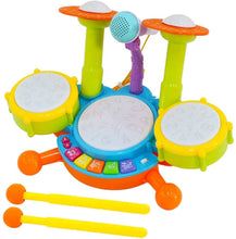 Load image into Gallery viewer, Beginners Musical Table Top Drum Kit Play Set with Drum Sticks, Microphone Light Features Interactive Music and Sounds for Kids
