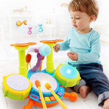 Load image into Gallery viewer, Beginners Musical Table Top Drum Kit Play Set with Drum Sticks, Microphone Light Features Interactive Music and Sounds for Kids
