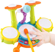 Load image into Gallery viewer, Beginners Musical Table Top Drum Kit Play Set with Drum Sticks, Microphone Light Features Interactive Music and Sounds for Kids
