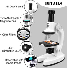 Load image into Gallery viewer, Kids Microscope, Portable Microscope Kit with LED Light and Mobile Phone Holder, Kids Beginner Educational Science Kit Toy for Kids Gift
