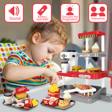 Load image into Gallery viewer, 71Pcs Kids Fast Food Playset Caterer Kitchen Toy Set with Cash Register &amp; Drink Dispenser
