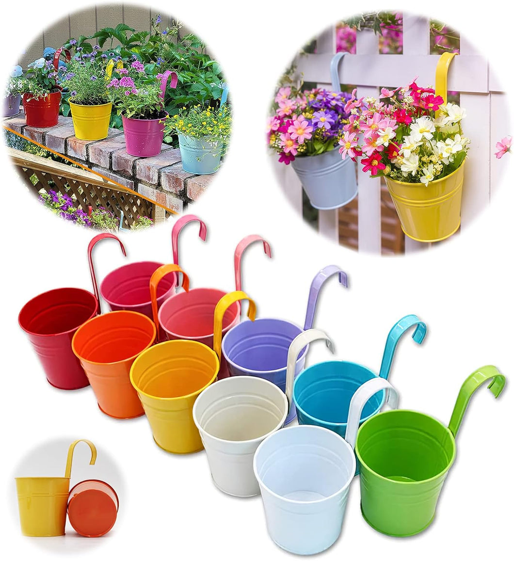 10 Pcs Different Colours Flower Pots Large Metal Flower Pot Vase Bucket Hanging Garden Planters Desktop Storage Basket without Drainage Hole, Balcony Home Decor, Detachable Hook