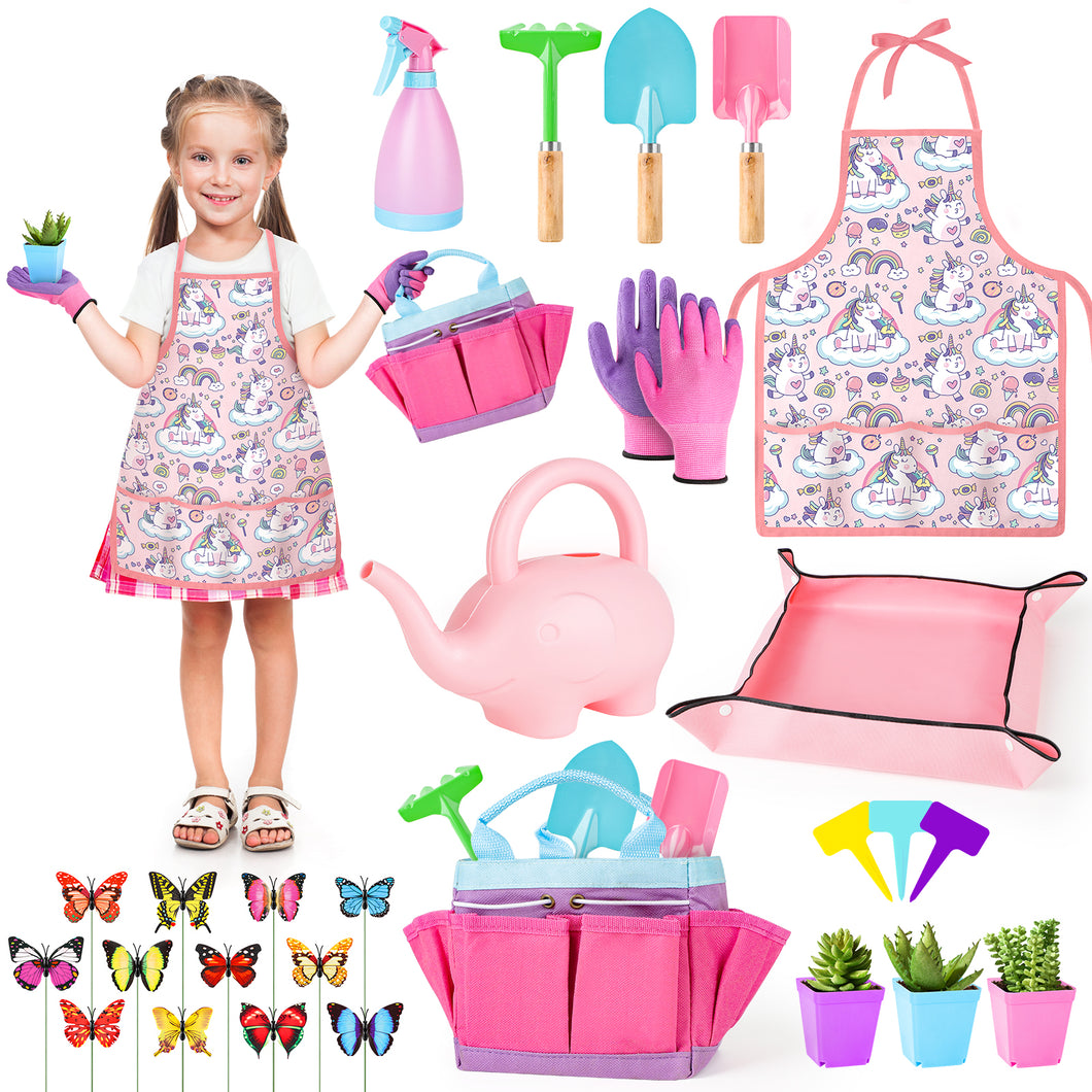 Gardening Tool Set Garden Tools for Toddler, Include Safe Shovel Rake Fork Gloves Apron Watering Can and Canvas Tote Gardening Kit