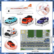 Load image into Gallery viewer, Interactive Aircraft Play Set for Kids with Big Battle Map Trucks aircraft tower and you get 2 airliners, 1 helicopter, aircraft trailer, aircraft lift, luggage truck, sports car, police car, ambulance and fire truck Military Toys for 3+
