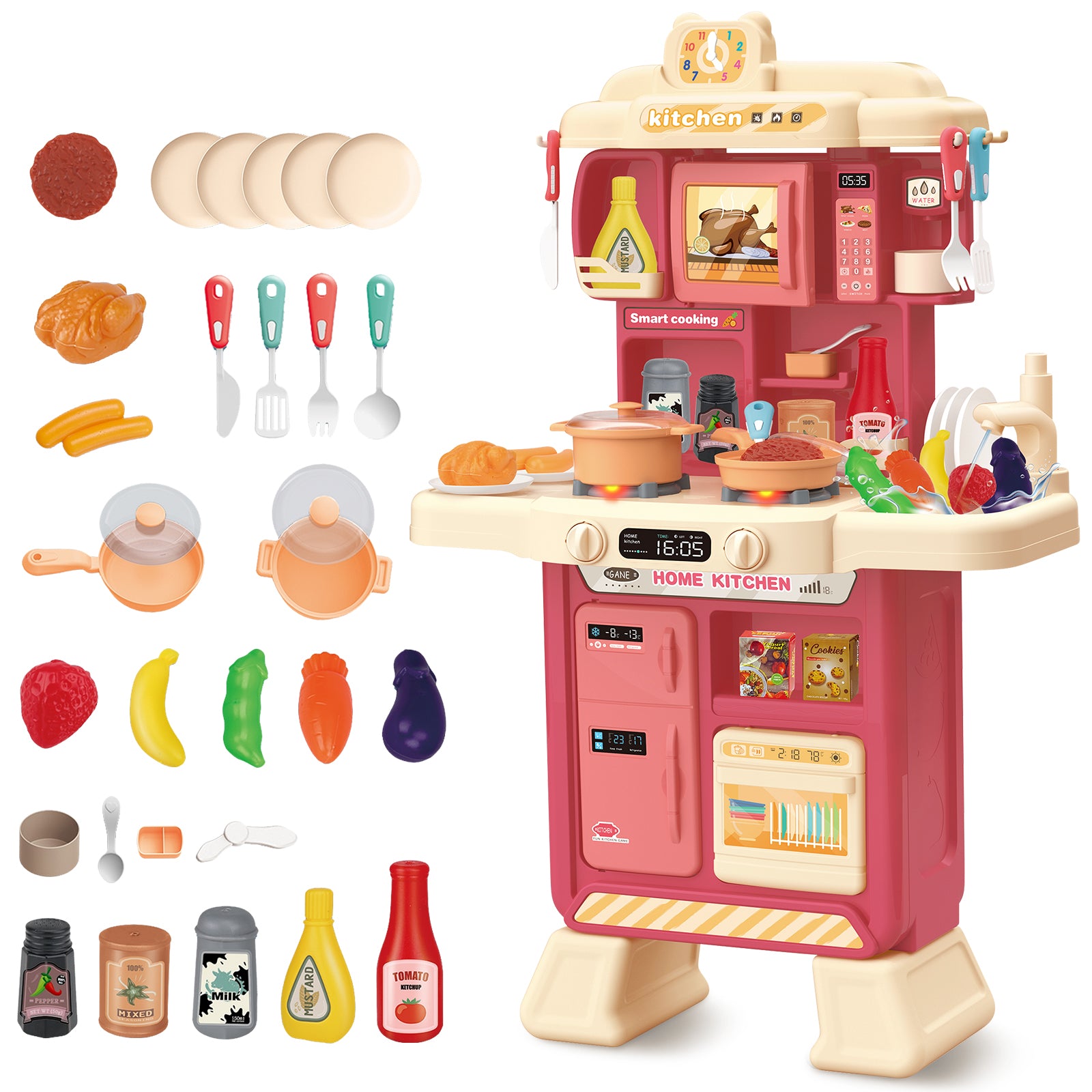 Kids Kitchen Toy Set with Light & Analog Sound Toy Large Cooking Toy w ...
