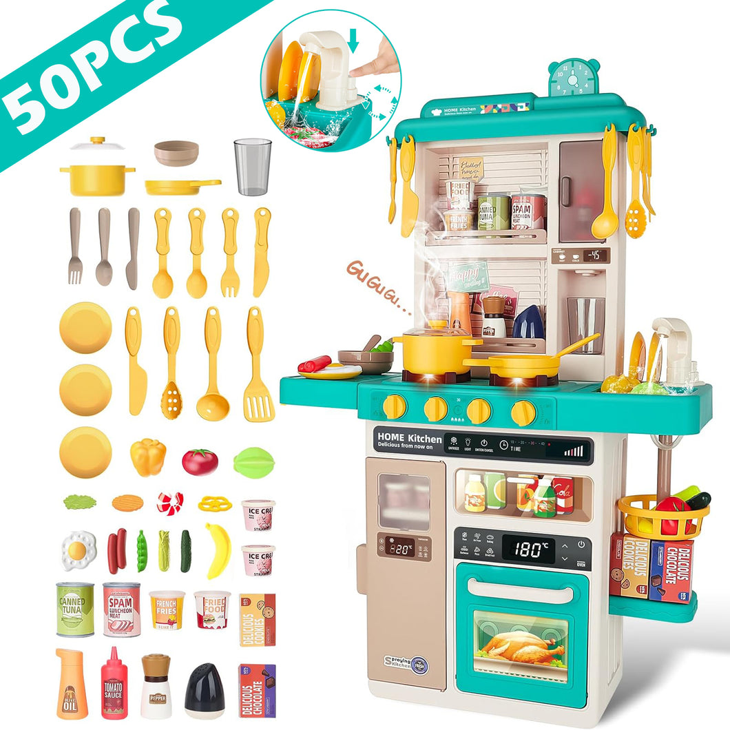Green Realistic Lights & Sounds Kids Role Play Kitchen Set with Simulation of Spray Features Toys with Lots of Kitchen Accessories Gift-K42-B