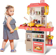 Load image into Gallery viewer, Pink Kitchen Playset Toy with Realistic Lights &amp; Sounds Simulation of Spray Features Pretend Role Play Toys with Lots of Kitchen Accessories-K42-P
