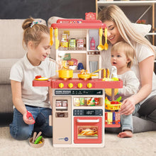 Load image into Gallery viewer, Pink Kitchen Playset Toy with Realistic Lights &amp; Sounds Simulation of Spray Features Pretend Role Play Toys with Lots of Kitchen Accessories
