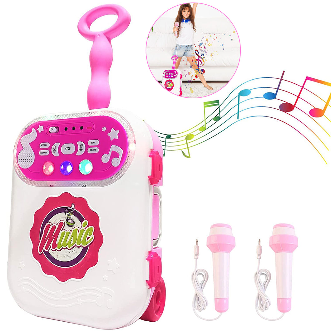 karaoke Machine 2 Mic Carry Case Play Set with Singing Recording Built-In MP3 Jack LED Lights Toy Learning Educational Machine for Kids