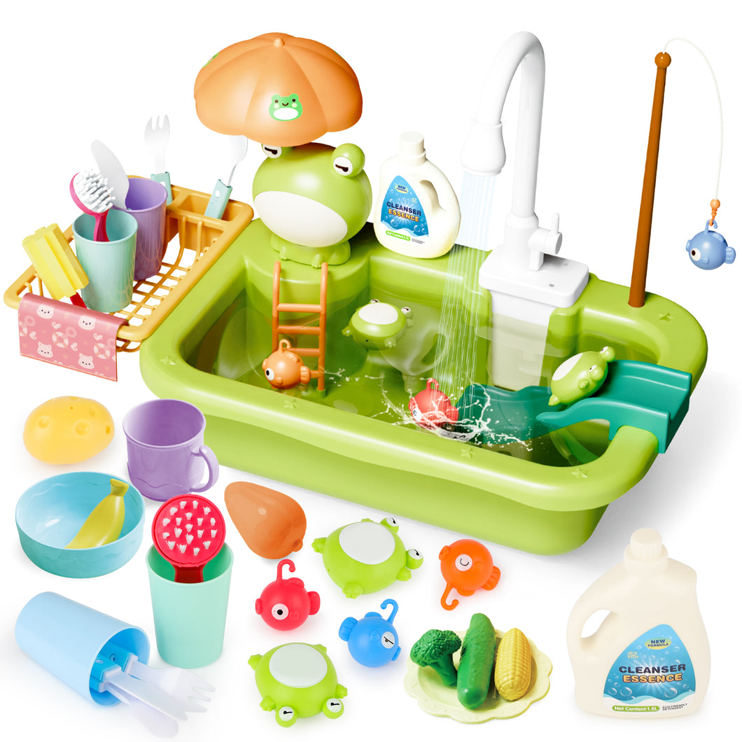 Green Frog Kitchen Play Sink with Running Water Pretend Play Wash-up Kitchen Sets Upgraded Water Faucet Kids Role Play Dishwasher Toy-KS-FG