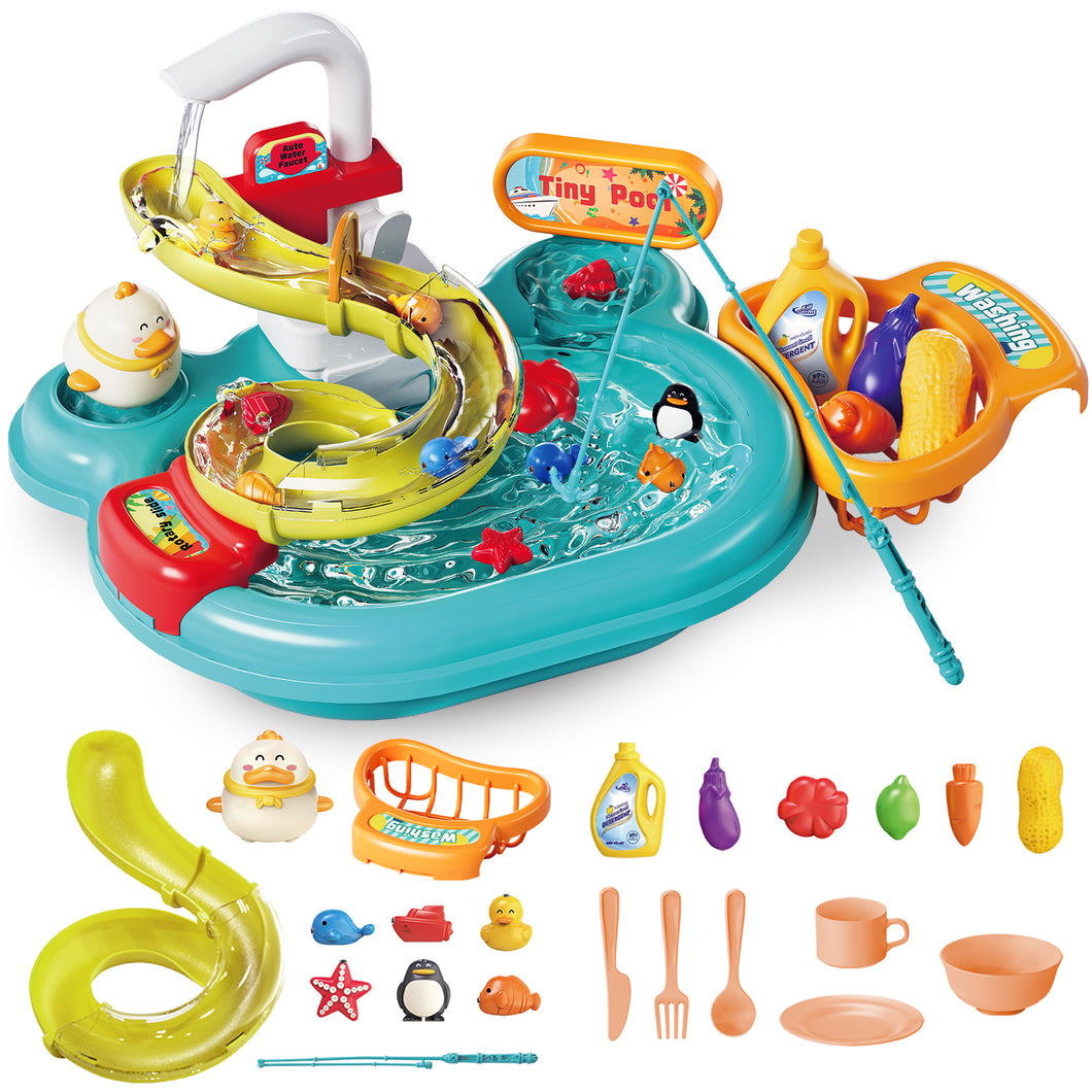 Kids Water Play Table with Fishing Game Slide, and Accessories-Fun Bathtub or Outdoor Toy for Toddlers-Includes Fishing Rod, Water Slide, Floating Ducks, and Play Food