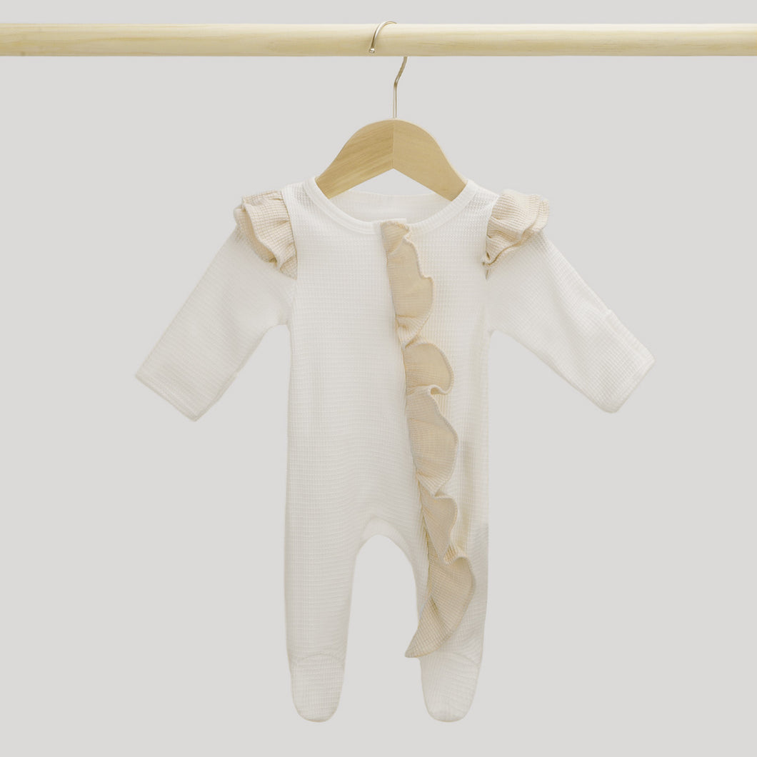 Baby Clothes New Born Baby Clothing Solid Color Flying Sleeve Ruffled Zipper Romper With Bow Headband Infant Jumpsuit Baby Clothes Unisex Footies Romper Long Sleeves Baby Grows Waffle Knit Zipper Ruffle One Piece Outfit