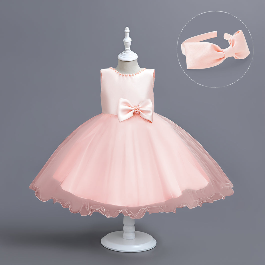 Girls Dress Sleeveless Ball Gown Wedding Party Pageant, Kids Baby Girls Beaded Backless Bowknot Tutu Princess Dress + Headband, Girl Bridesmaid Wedding Party Prom Dresses Childrens Gowns Age 2-8 Years Available in 3 colours